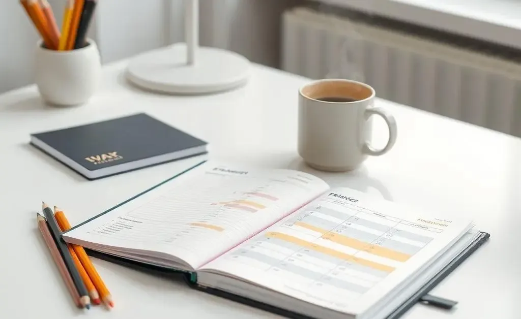 A minimalist, organized desk with a budget planner