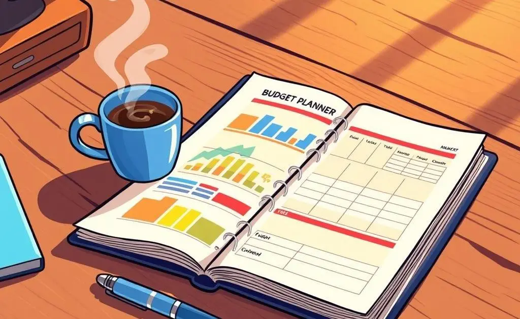 A cartoon-style image of a budget planner open on a desk with colored pens and a coffee cup.
