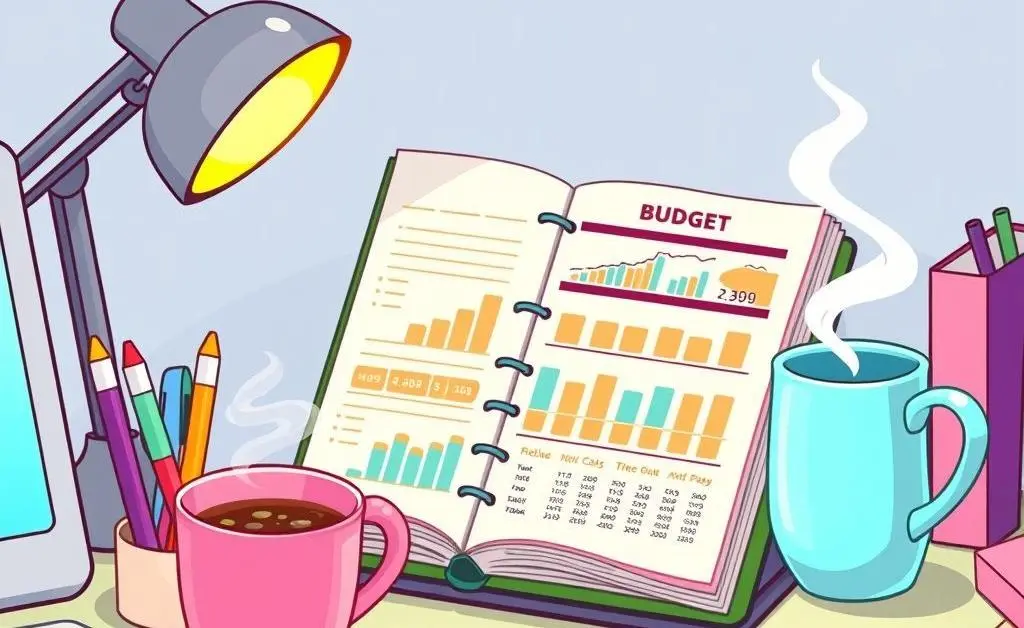 A cartoon-style image of a neatly organized desk with a budget planner, pens, and a coffee cup.