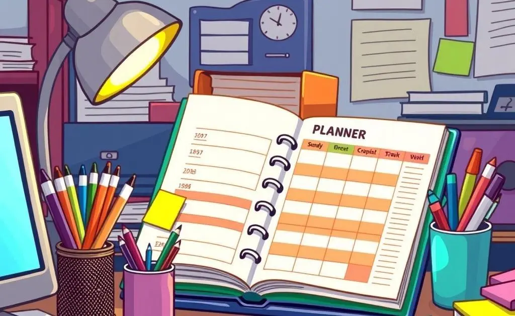 Desk with budget planner and stationery