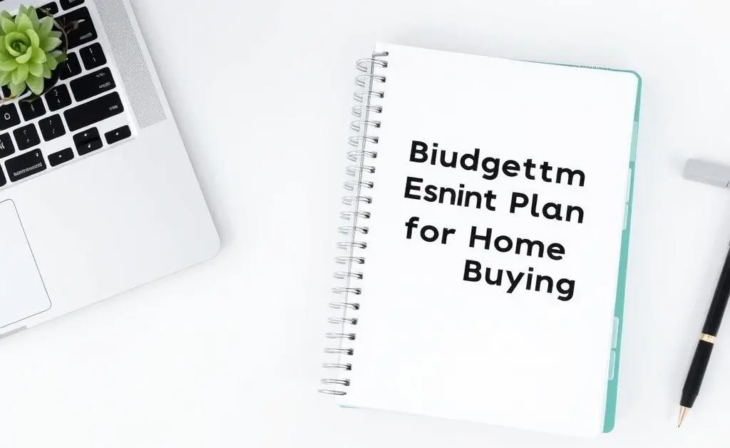Minimalist desk with a laptop and planner titled 'Budget Plan for Home Buying'