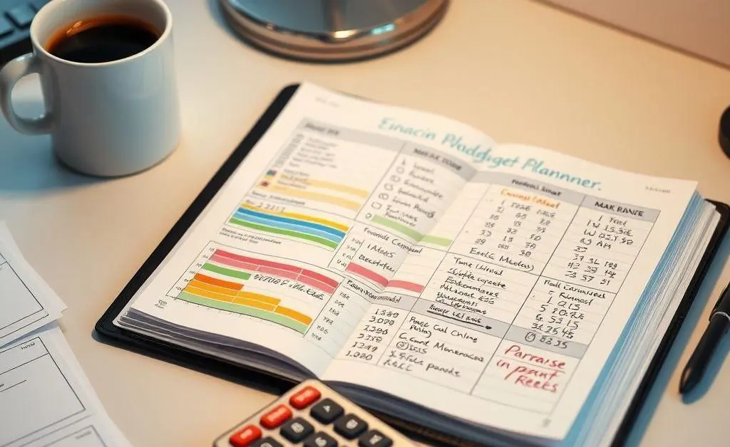 A desk with an organized budget planner, calculator, and coffee cup.