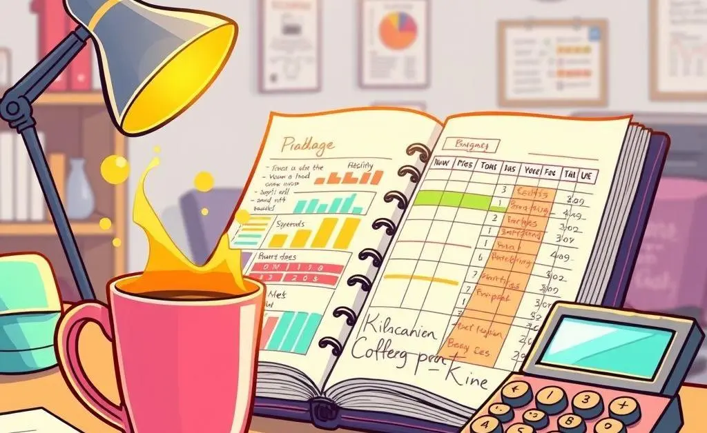 Budget planner on a desk with a coffee cup and calculator