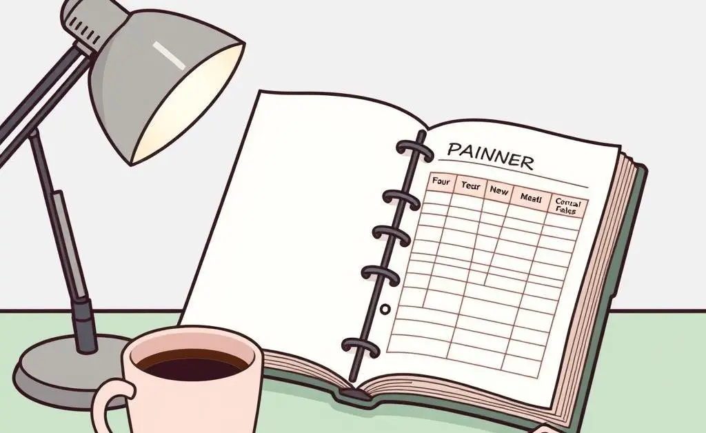 A desk with a planner open to a budget page, paired with a coffee mug and calculator.