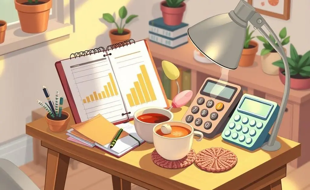 Desk with a budget planner, calculator, and tea