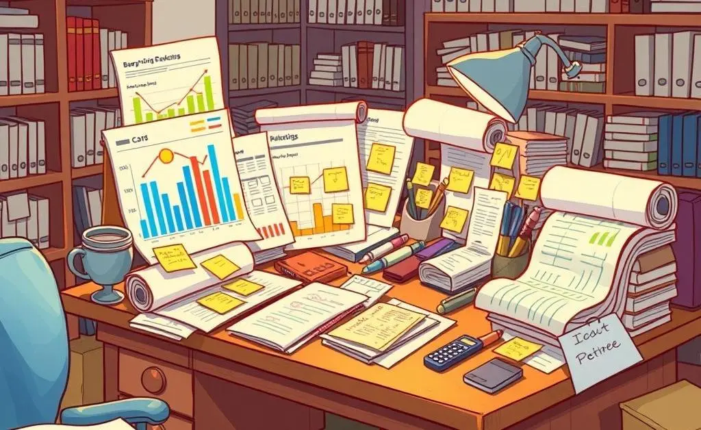 Illustration of a desk filled with budgets and planning tools.
