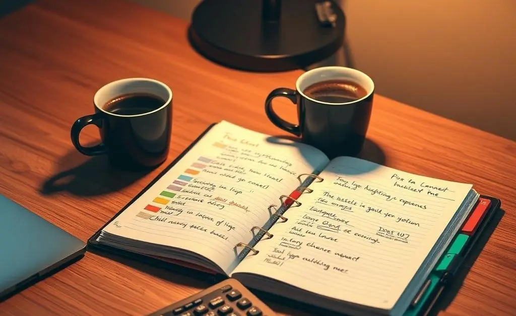A desk with a planner, calculator, and coffee, symbolizing budgeting