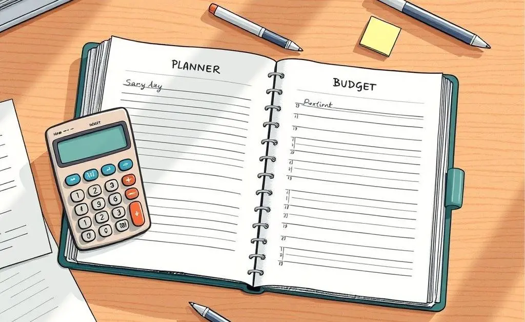 Hand-drawn style image of a tidy desk with a budget planner and calculator.