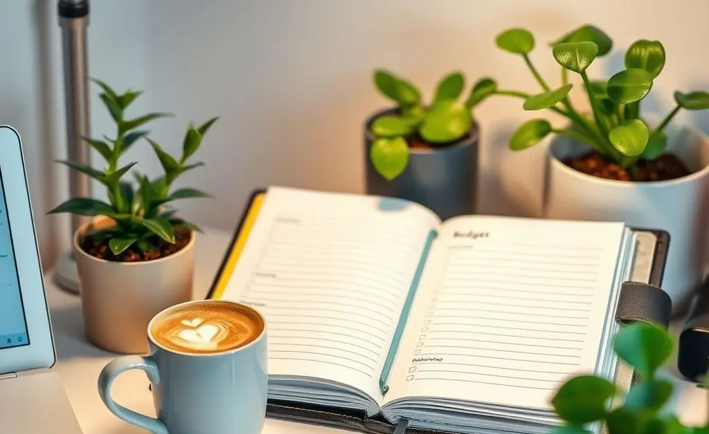 A peaceful desk setup with a budget planner.