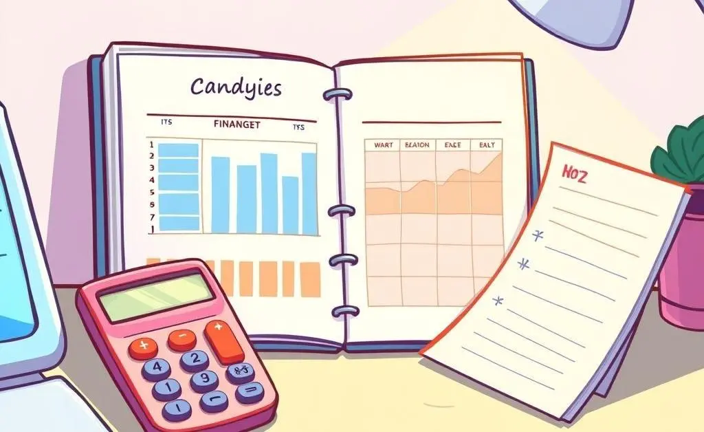 A cartoon-style image of a neat desk with a budget planner, calculator, and notepad