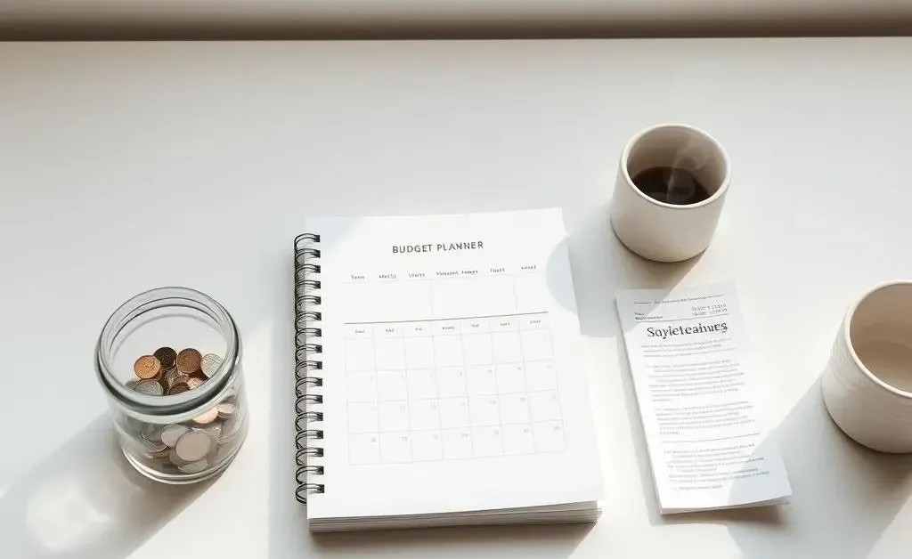 Desk with a monthly budget planner.