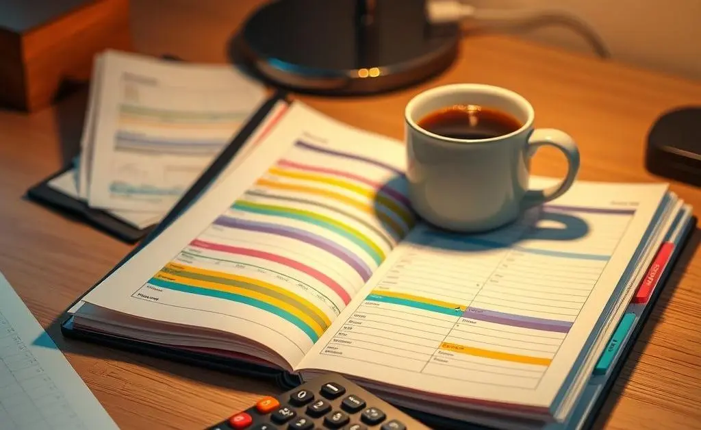 A desk with budget planner and financial tools