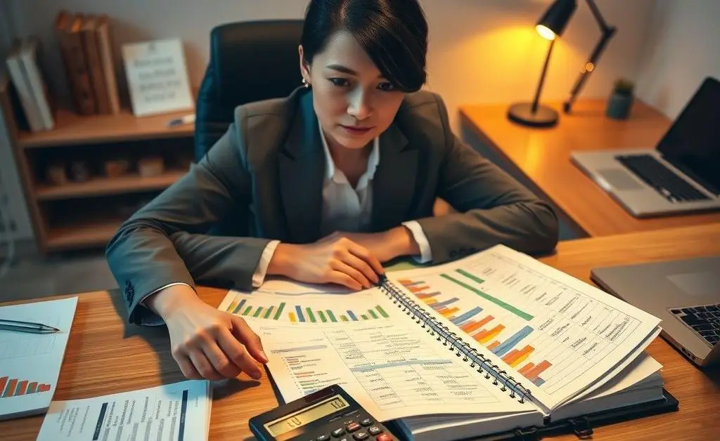 A person sitting at a desk with a detailed budget planner and calculator