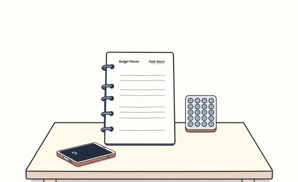 A desk with budgeting tools like a planner and calculator
