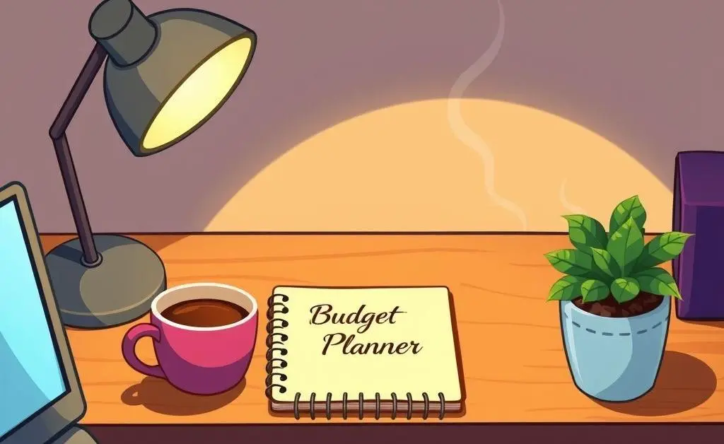 Cartoon of a cozy desk setup with a notepad labeled 'Budget Planner'