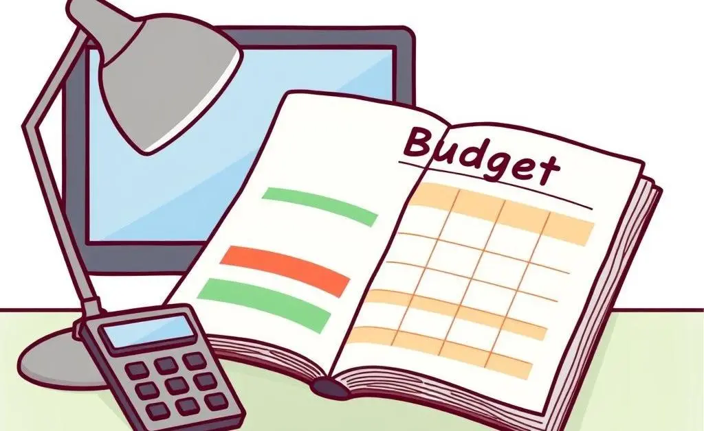 A cartoon-style image of a desk with a budget planner open and a calculator beside it.