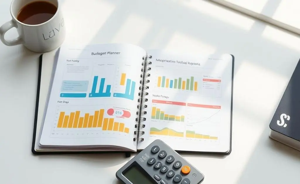 A tidy desk layout with a budget planner notebook, calculator, and coffee mug