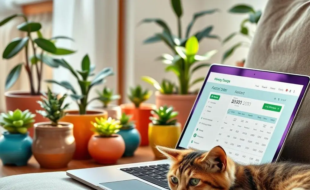 A desk with budget planning tools and a friendly cat.