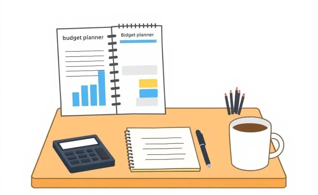A desk with budget planner essentials