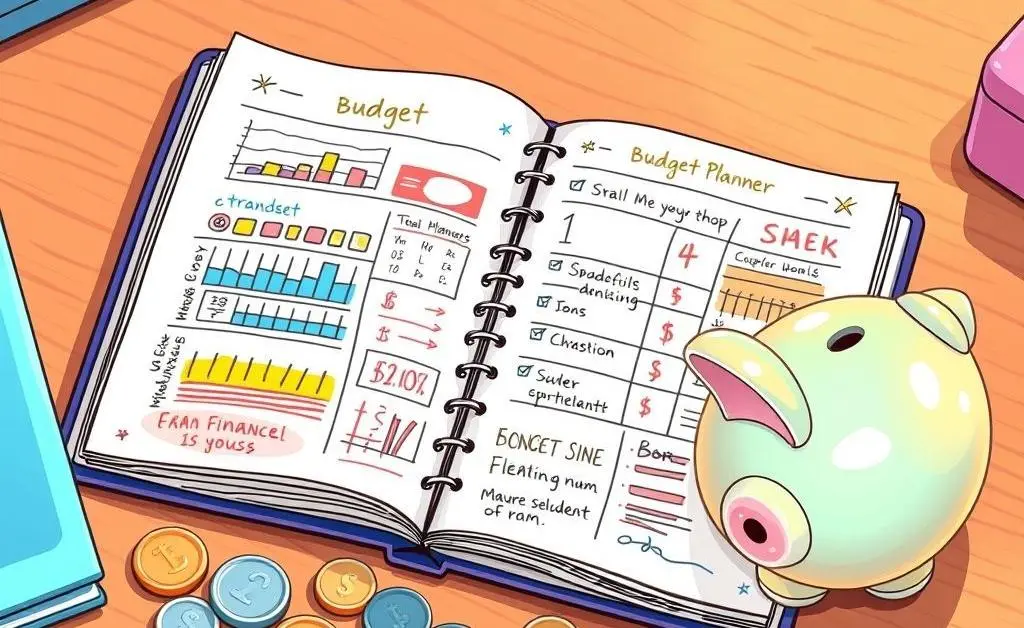 An open budget planner on a desk with coins and piggy bank