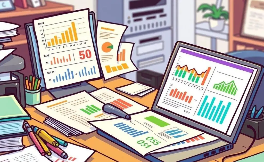 A desk with budget planning sheets and a laptop