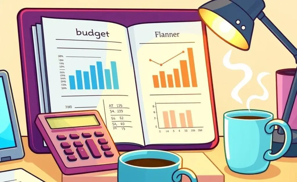 A tidy desk with a budget planner, calculator, and coffee mug.