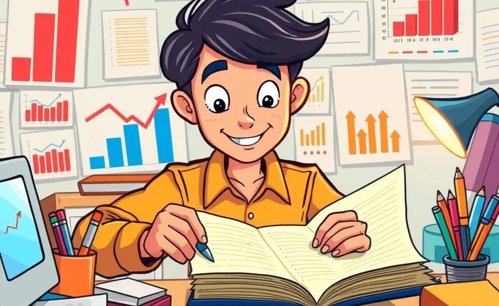 A cartoon-style image of a person organizing their budget at a desk with colorful charts and a notepad.