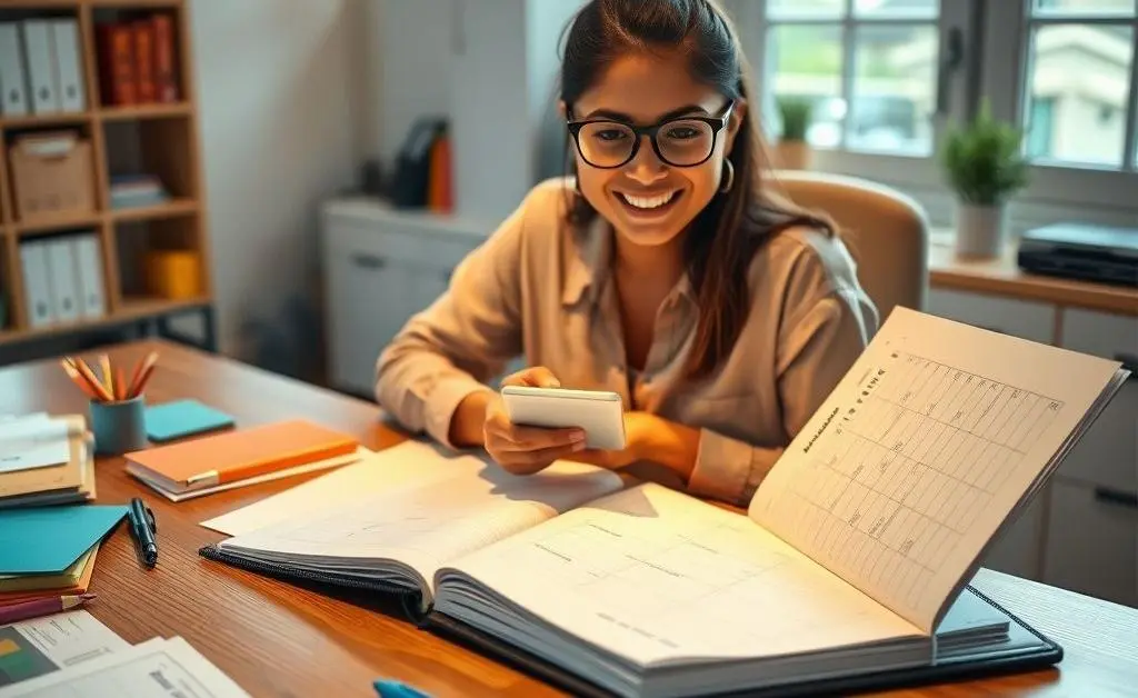 An organized desk with a budget planner and a cheerful person using a calculator.