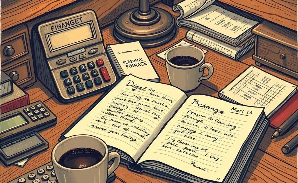 A hand-drawn style image of a vintage desk cluttered with a budget planner, calculator, and coffee cup.