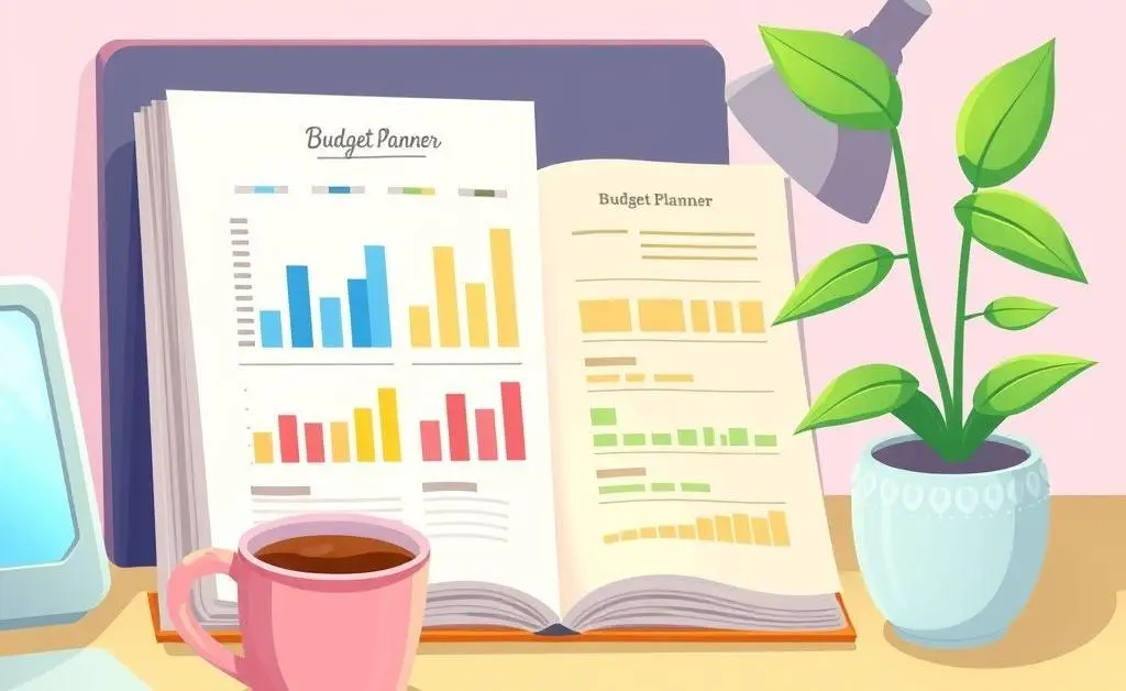 Tidy desk with budget planner and coffee