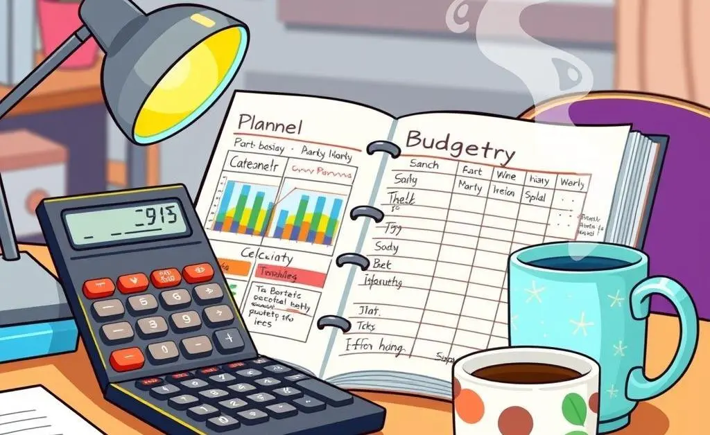 Desk with a budget planner and calculator