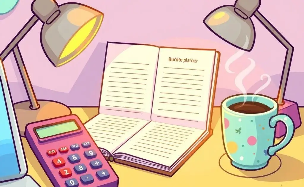 Cartoon desk setup with a budget planner, calculator, and coffee cup.