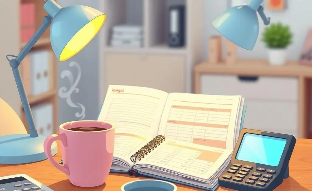 A cartoon desk scene with a budget planner and coffee cup.