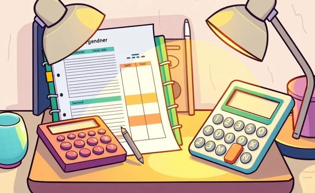 A cartoon-style desk with a budget planner and calculator laid out neatly.