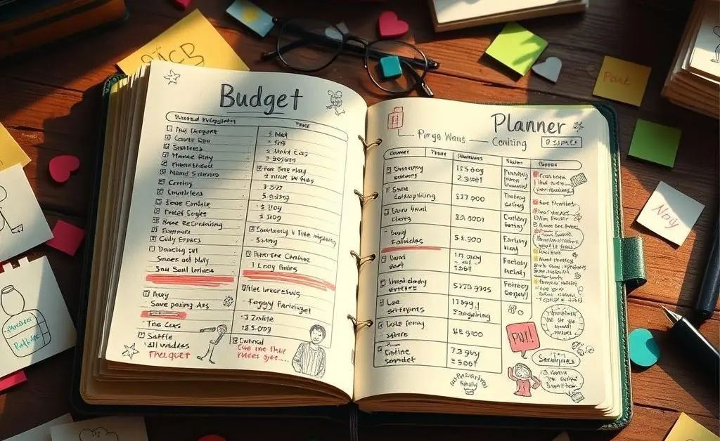 A hand-drawn budget planner with notes and doodles scattered on a desk.