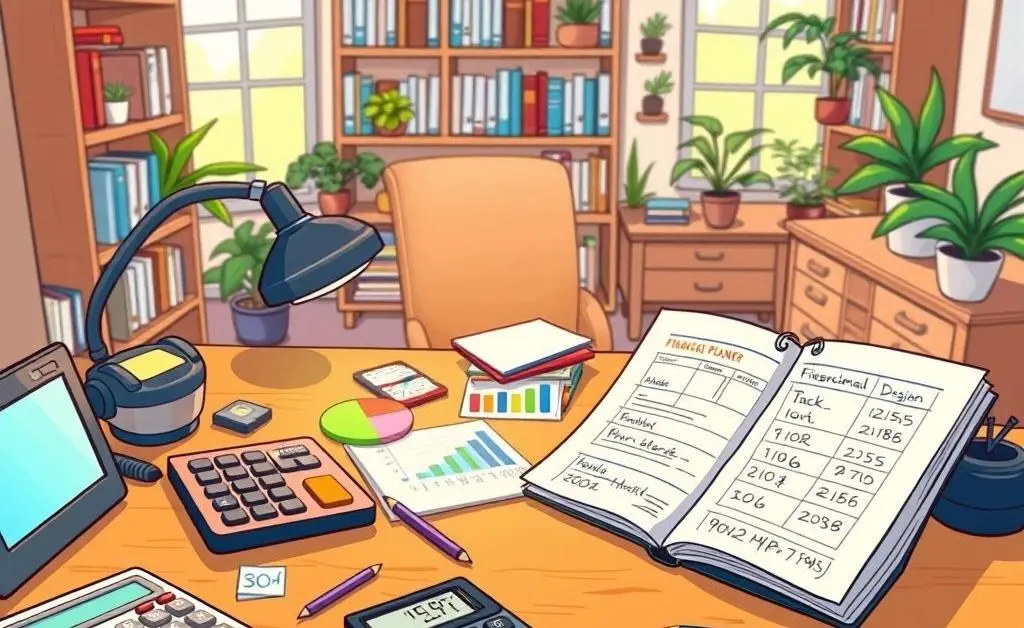 A desk with budget planning tools and financial charts.