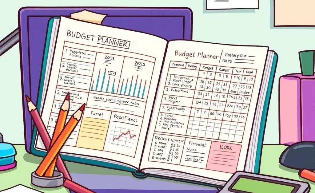 A cartoon-style image of a desk with a detailed budget planner.