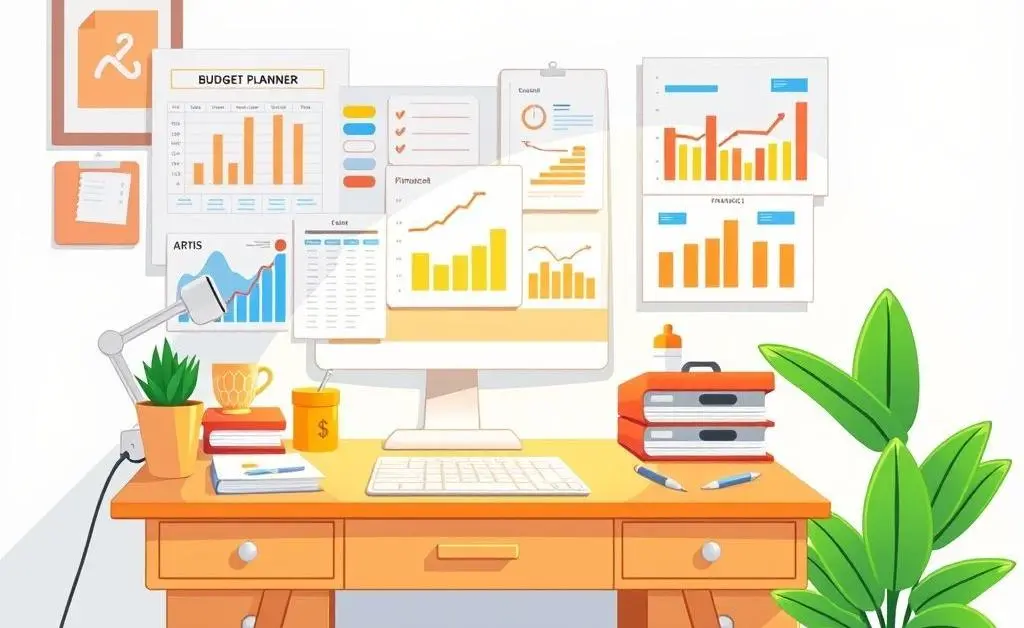 Tidy desk with budget planner, colorful charts, and a plant