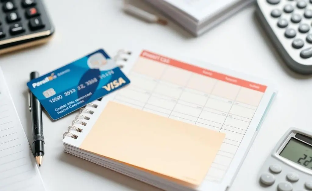 An organized desk with a budget planner, calculator, and credit card.