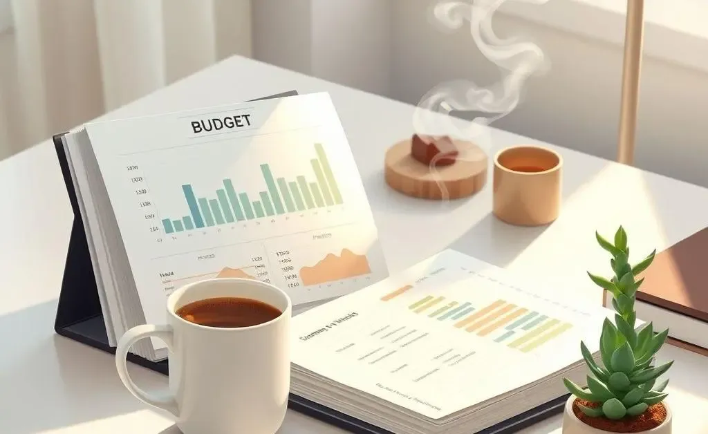 Desk with a budget planner and coffee