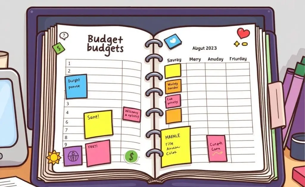 A cartoon-style budget planner open on a desk with colorful stickers and notes.
