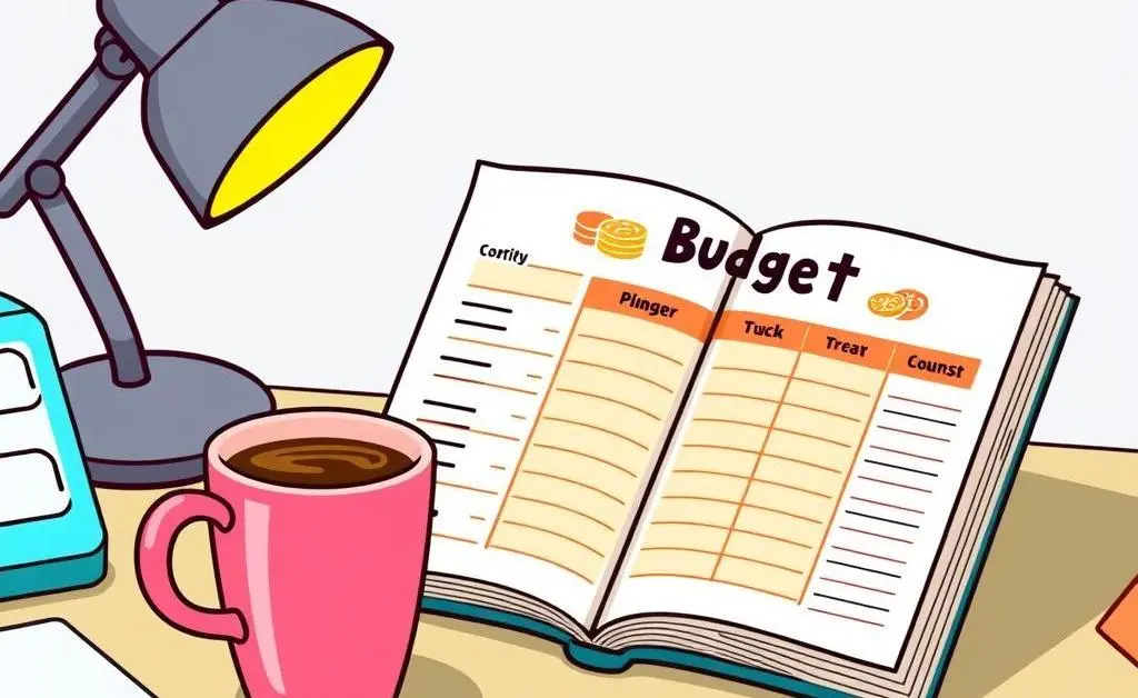A neat desk with a colorful budget planner open next to a cup of coffee.