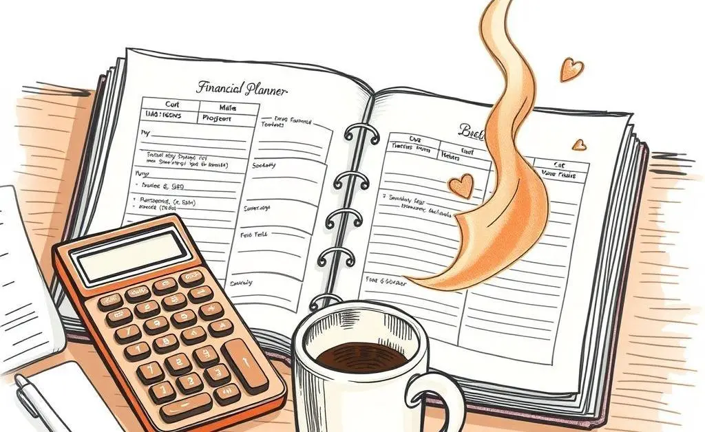 An open budget planner on a desk, suggesting organized financial planning.