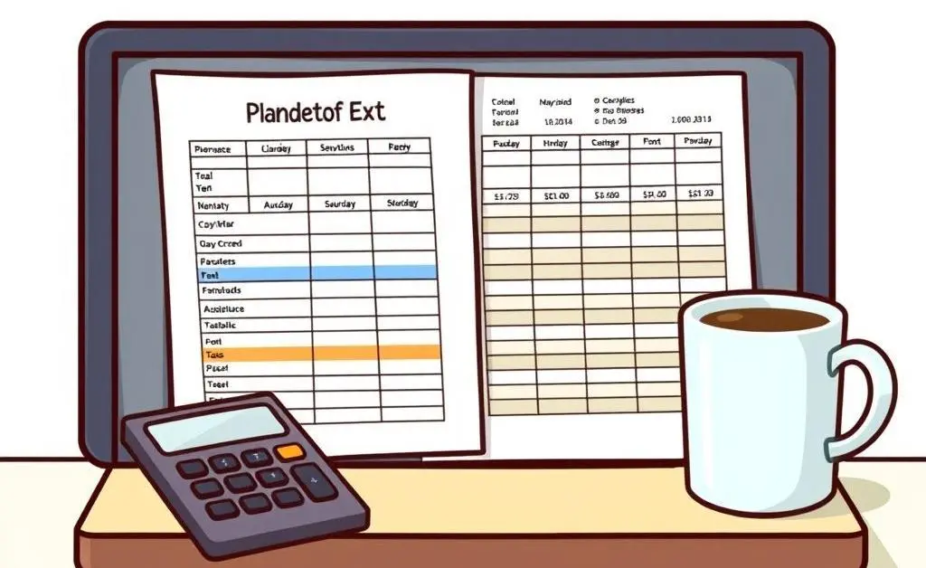 A desk with a detailed budget planner and calculator