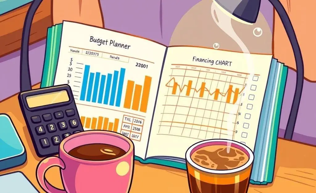 Desk with budgeting planner and financial tools.
