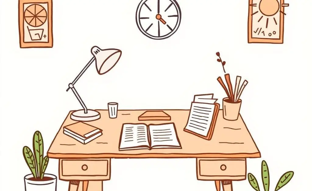 A hand-drawn image of a cozy desk with a budget planner and cheerful atmosphere.
