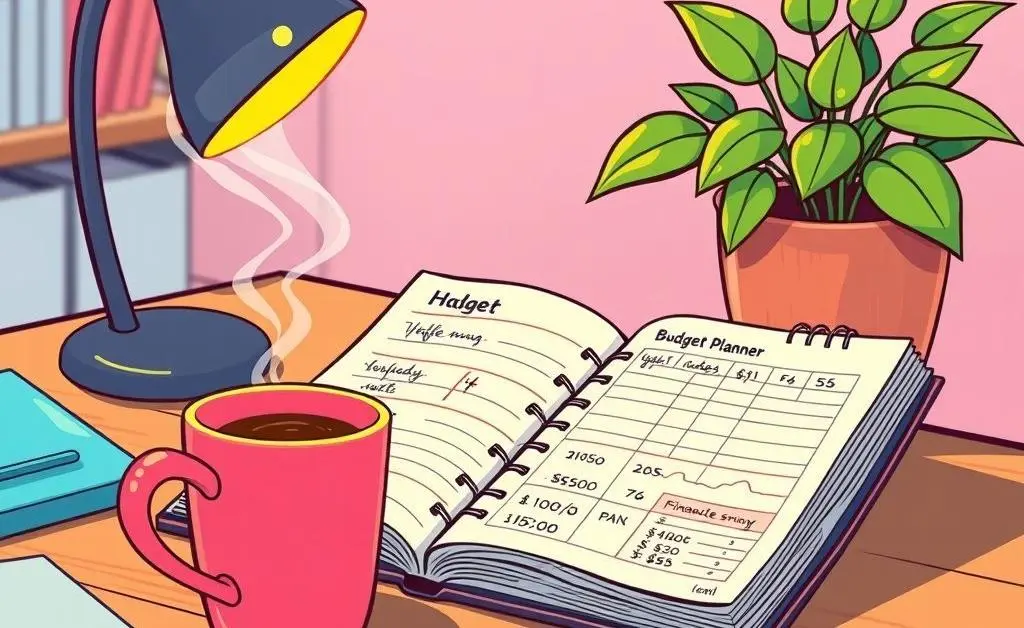 Cartoon-style image of a budget planner on a desk with a coffee mug and a potted plant.