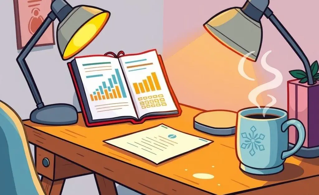 A desk with a budget planner and coffee cup