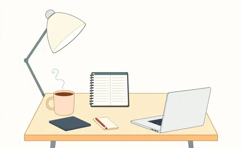 A minimalist cartoon drawing of a desk with a budget planner, coffee mug, and laptop