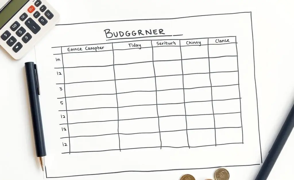 A desk with budgeting tools such as a planner, calculator, and coins.